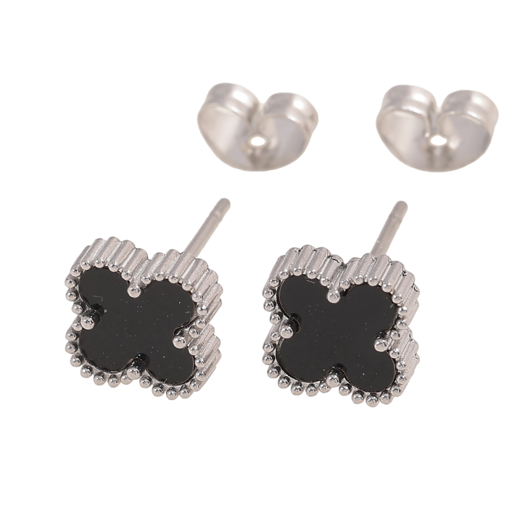 Сережки Нержавіюча сталь пусети Конюшина з чорною вставкою 8х8мм фото №12