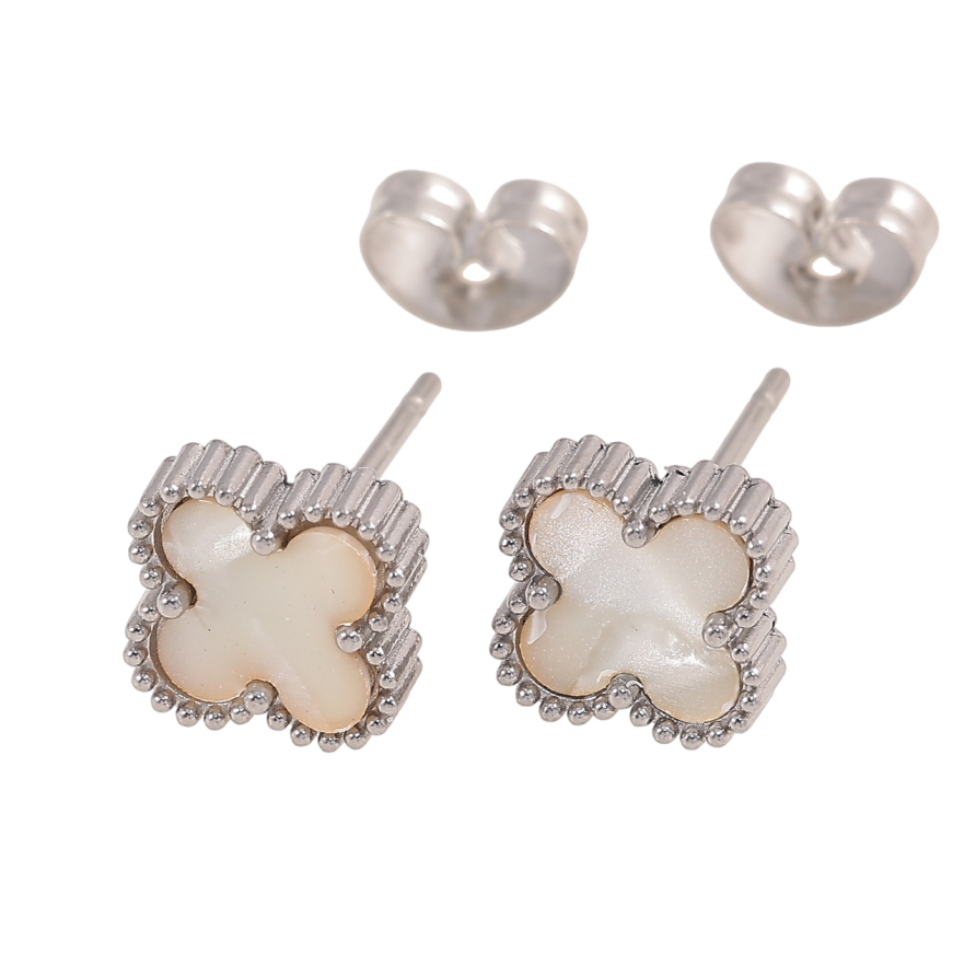 Сережки Нержавіюча сталь пусети Конюшина з перламутровою вставкою 8х8мм фото №1