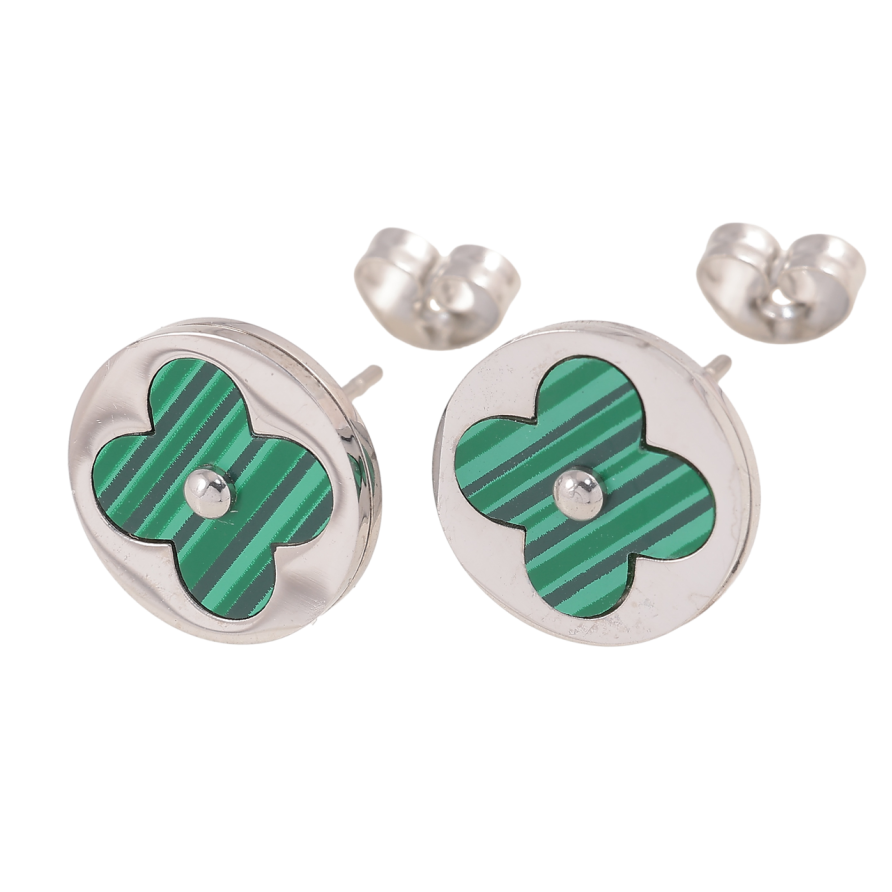Серьги Нержавеющая сталь пусеты Клевер с зеленой вставкой ø 12мм фото №1