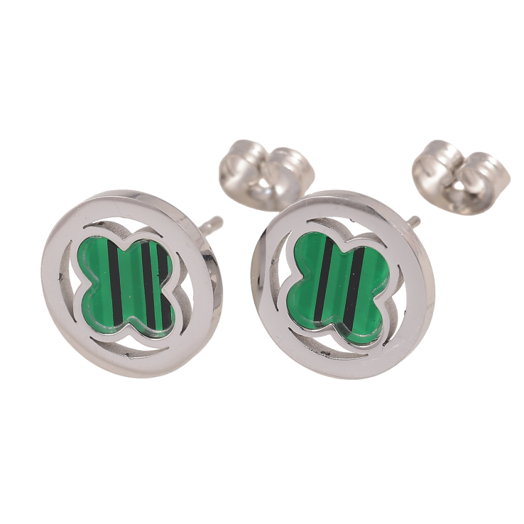 Серьги Нержавеющая сталь пусеты Клевер с зеленой вставкой ø 12мм фото №25