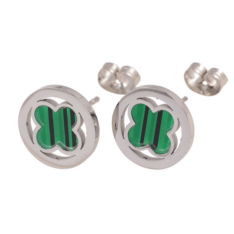 Серьги Нержавеющая сталь пусеты Клевер с зеленой вставкой ø 12мм фото №1