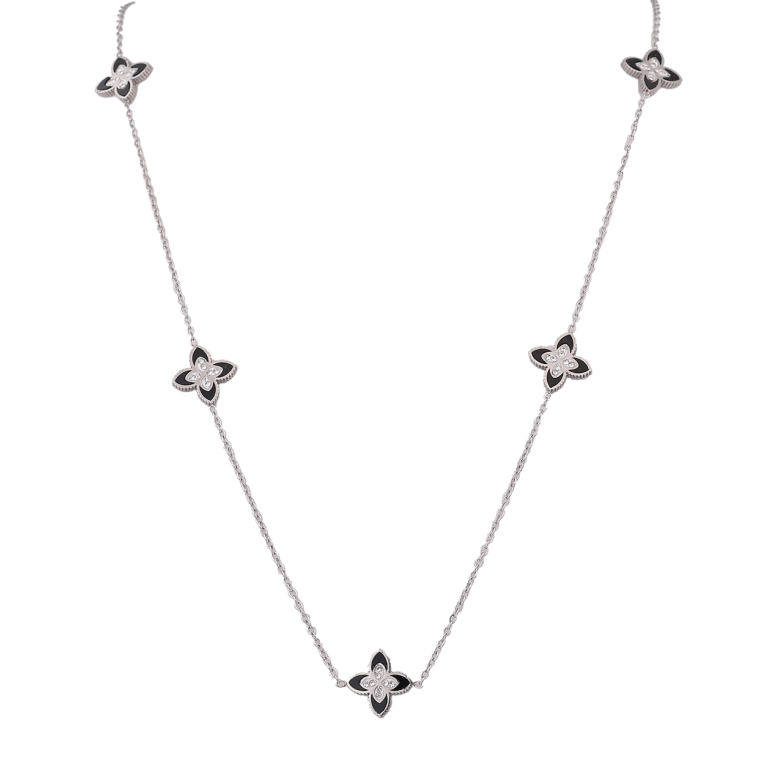 Колье Нержавеющая сталь Клевер с черными вставками и кристаллами длина 82-87см х 1.5-12мм фото №1 Колье Нержавеющая сталь Клевер с черными вставками и кристаллами длина 82-87см х 1.5-12мм фото №1