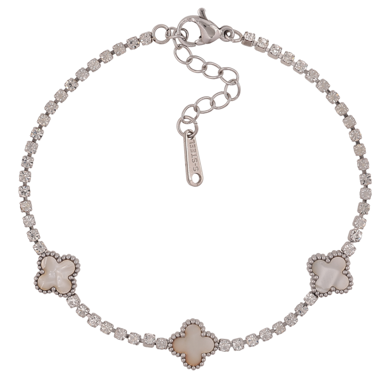 Браслети Нержавіюча сталь Доріжка кристалів з перламутровими конюшинами розмір з доп.ланцюжком 18-21.5см х 2-9мм фото №1 Браслети Нержавіюча сталь Доріжка кристалів з перламутровими конюшинами розмір з доп.ланцюжком 18-21.5см х 2-9мм фото №1