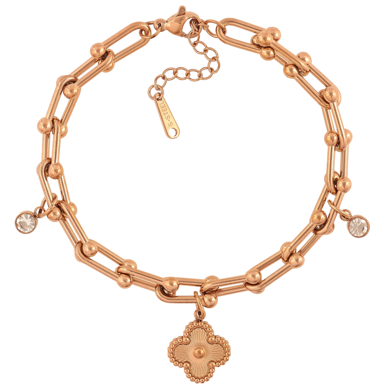 Браслети Нержавіюча сталь Ланцюжок з підвісками конюшина та кристали розмір з доп.ланцюжком 18.5-21.5см х 5-7мм фото №1 Браслети Нержавіюча сталь Ланцюжок з підвісками конюшина та кристали розмір з доп.ланцюжком 18.5-21.5см х 5-7мм фото №1