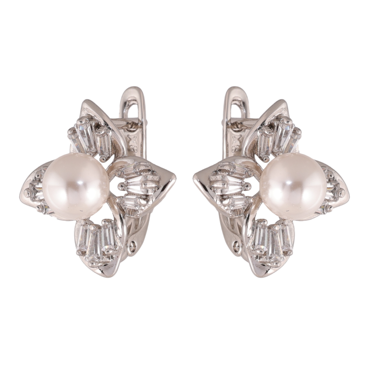 Сережки Xuping колір Родій англійська застібка Квіточки з кристалами та перлинами фото №13