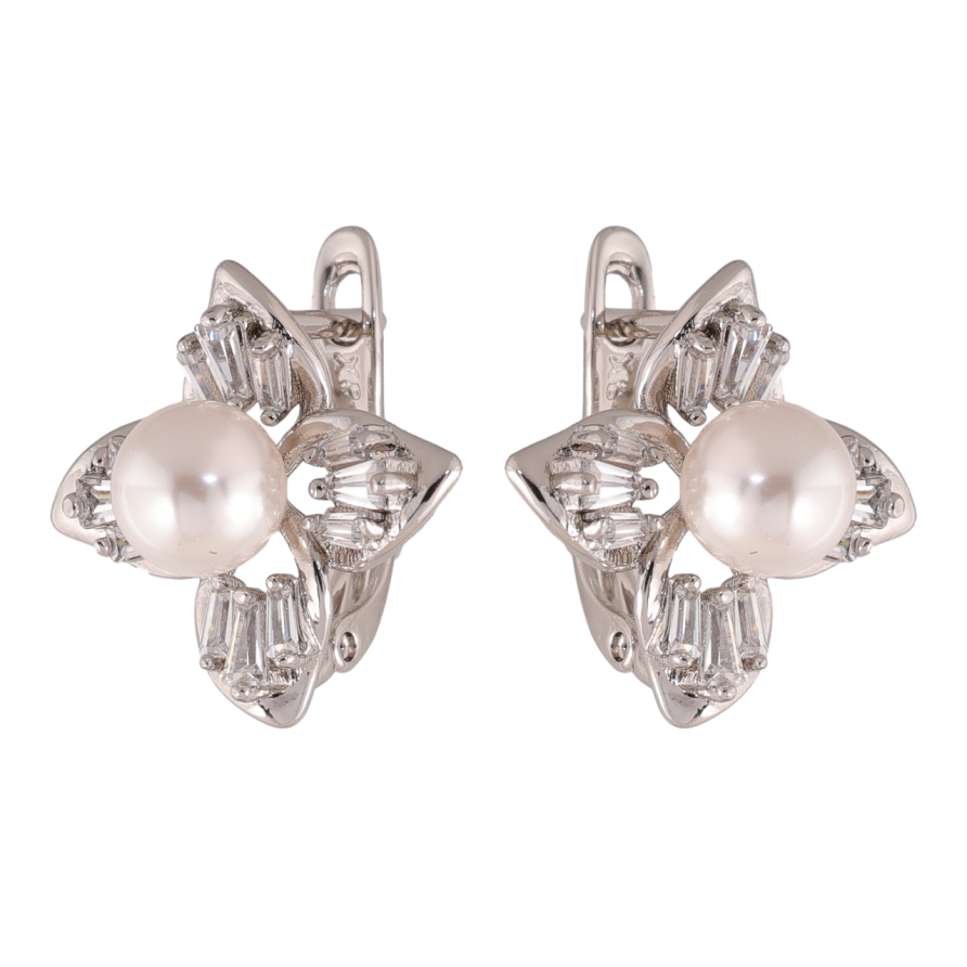 Серьги Xuping цвет Родий английский замок Цветочки с кристаллами и жемчугом фото №1