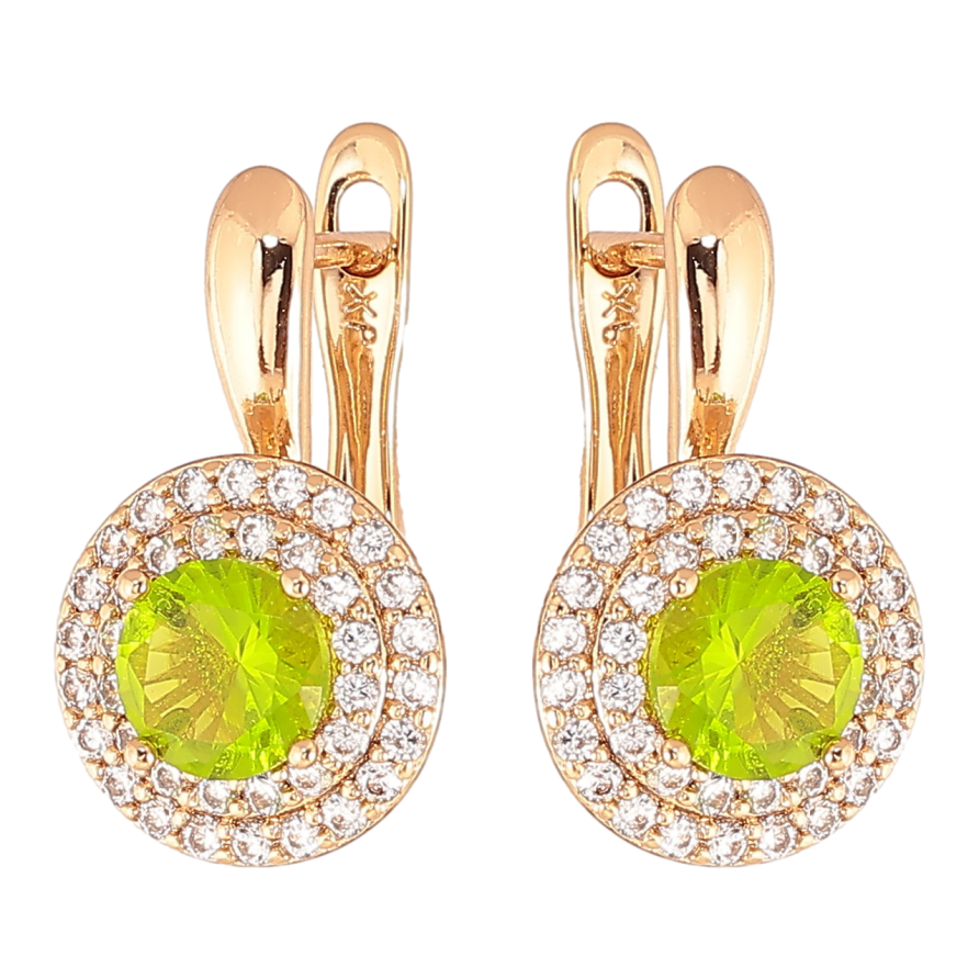 Серьги Xuping Цвет Позолота 18K английский замок Салатовые кристаллы в обрамлении фото №1