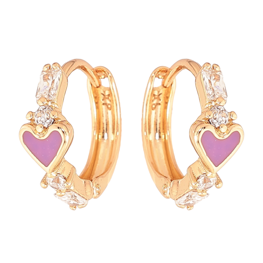 Серьги Xuping Цвет Позолота 18K колечки Сиреневые эмалевые сердечки с кристаллами фото №1