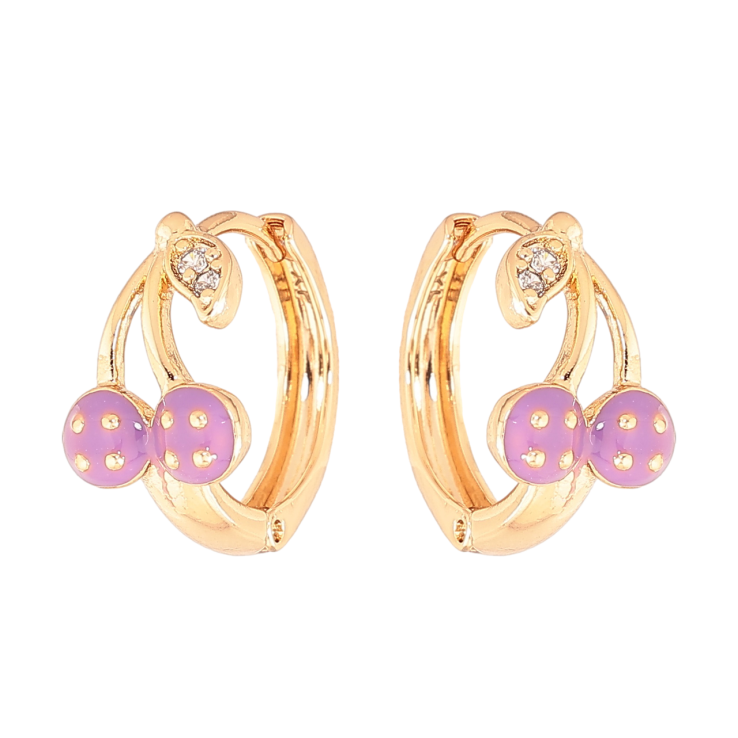 Серьги Xuping Цвет Позолота 18K колечки Вишенки с сиреневой эмалью фото №4 Серьги Xuping Цвет Позолота 18K колечки Вишенки с сиреневой эмалью фото №4