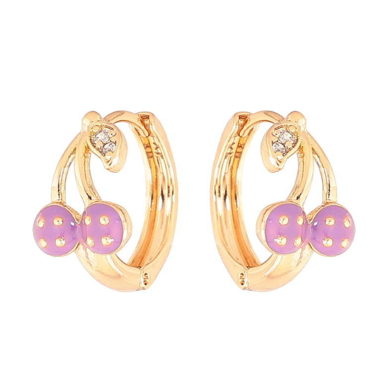 Сережки Xuping Колір Позолота 18K колечка Вишеньки з бузковою емаллю фото №1 Сережки Xuping Колір Позолота 18K колечка Вишеньки з бузковою емаллю фото №1