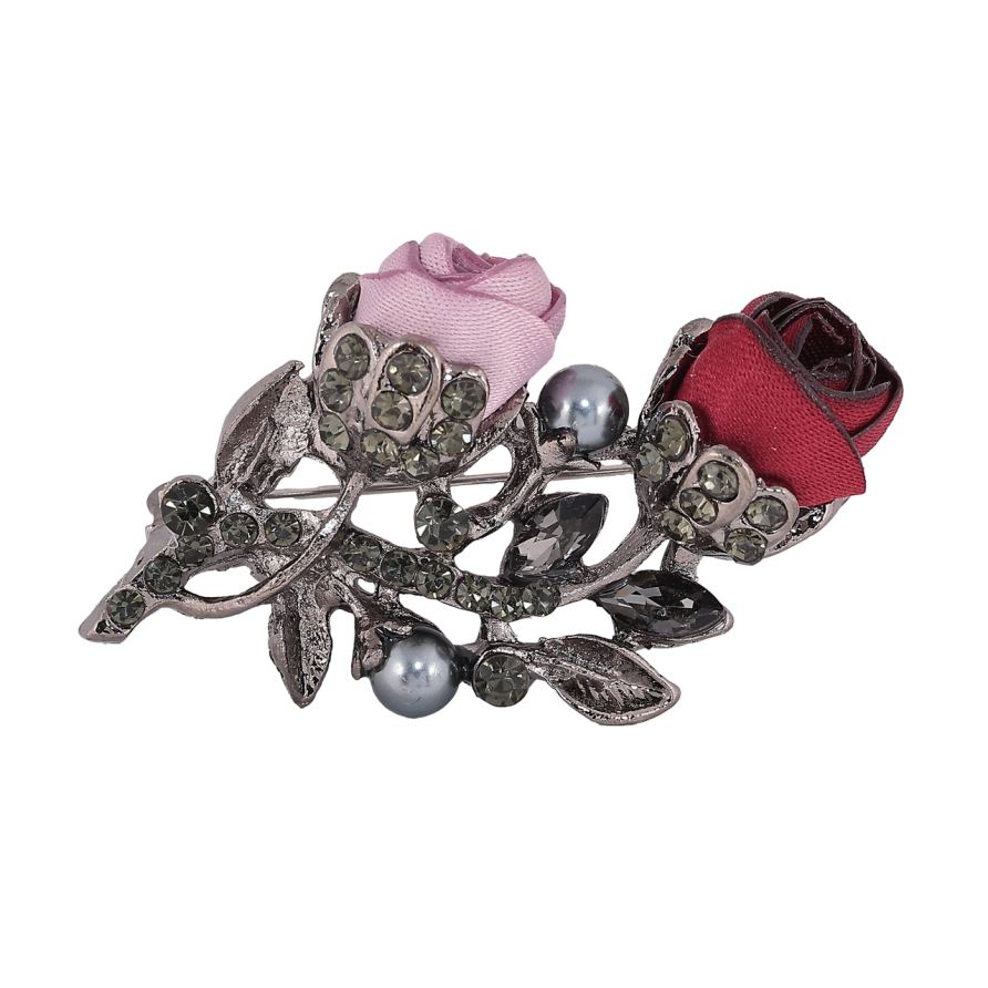 Брошь Розово-Красные цветы со стразами фото №1