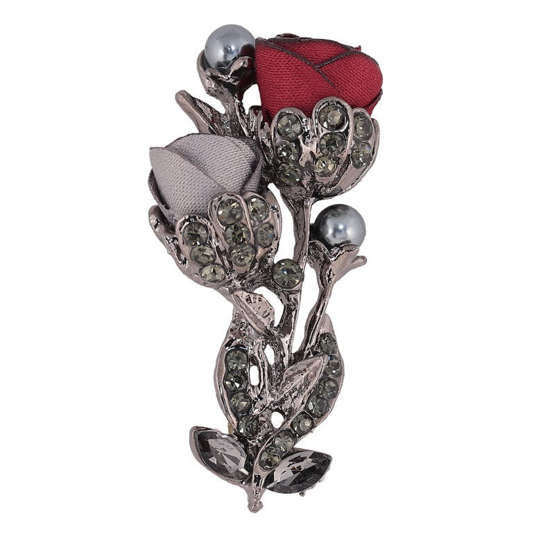 Брошка Сіро-червоні квіти зі стразами фото №1