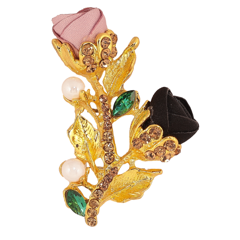 Брошка Рожево-чорні квіточки зі стразами фото №1 Брошка Рожево-чорні квіточки зі стразами фото №1