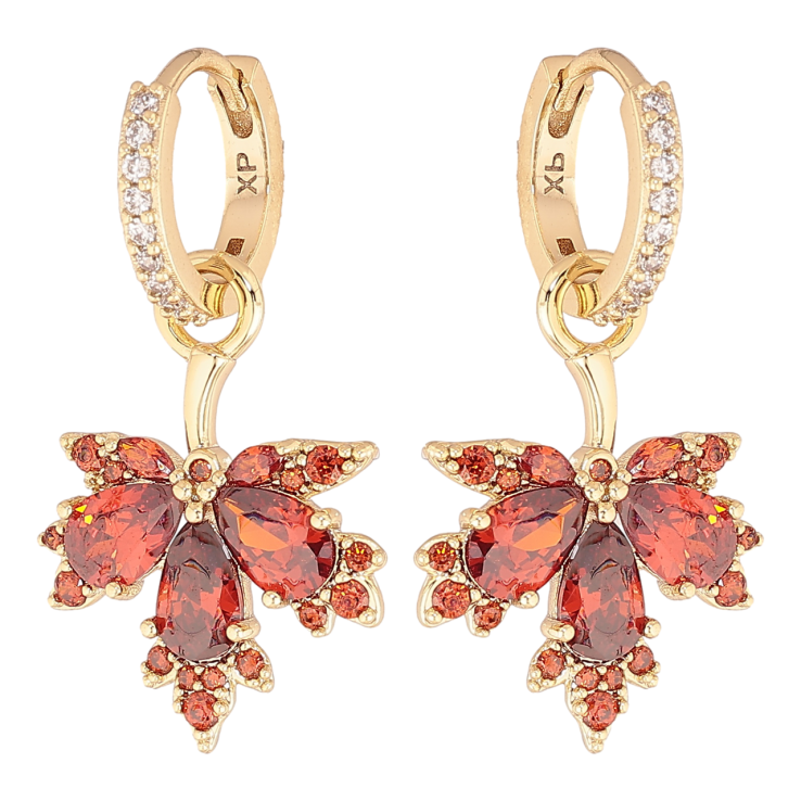 Сережки Xuping колір Позолота 14K підвіски на колечках Листочки з червоними кристалами 2 в 1 фото №6