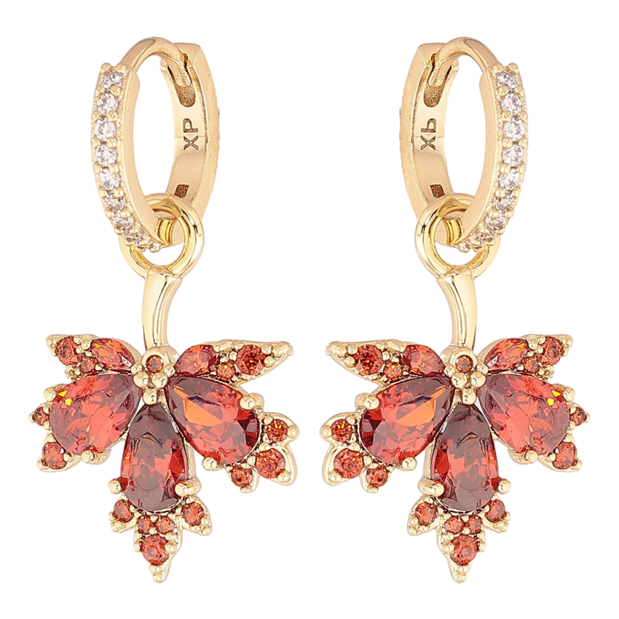Сережки Xuping колір Позолота 14K підвіски на колечках Листочки з червоними кристалами 2 в 1 фото №1