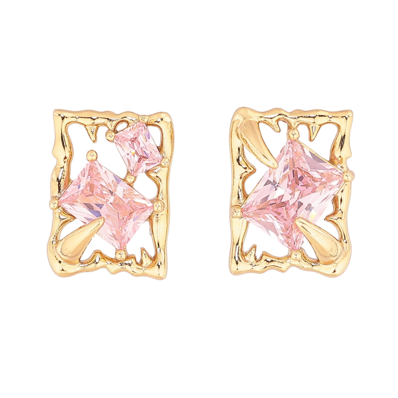 Сережки Xuping колір Позолота 14K пусети Асиметричні прямокутники з рожевими кристалами фото №1