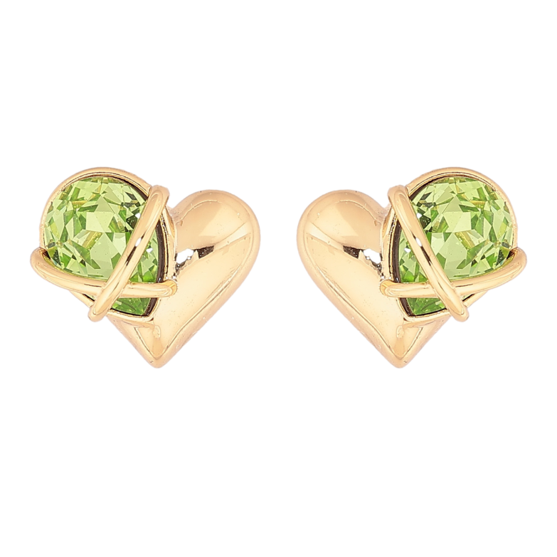 Сережки Xuping колір Позолота 14K пусети Сердечка з салатовими кристалами фото №1