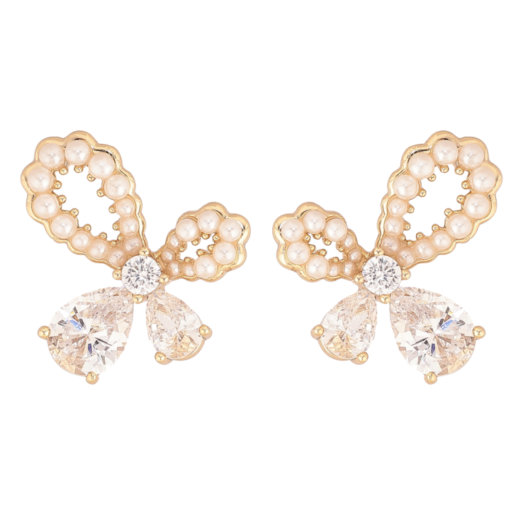 Серьги Xuping цвет Позолота 14K пусеты Банты с кристаллами и жемчугом фото №4 Серьги Xuping цвет Позолота 14K пусеты Банты с кристаллами и жемчугом фото №4