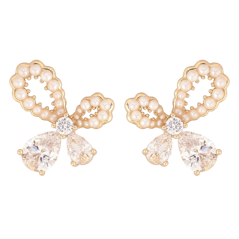 Серьги Xuping цвет Позолота 14K пусеты Банты с кристаллами и жемчугом фото №2