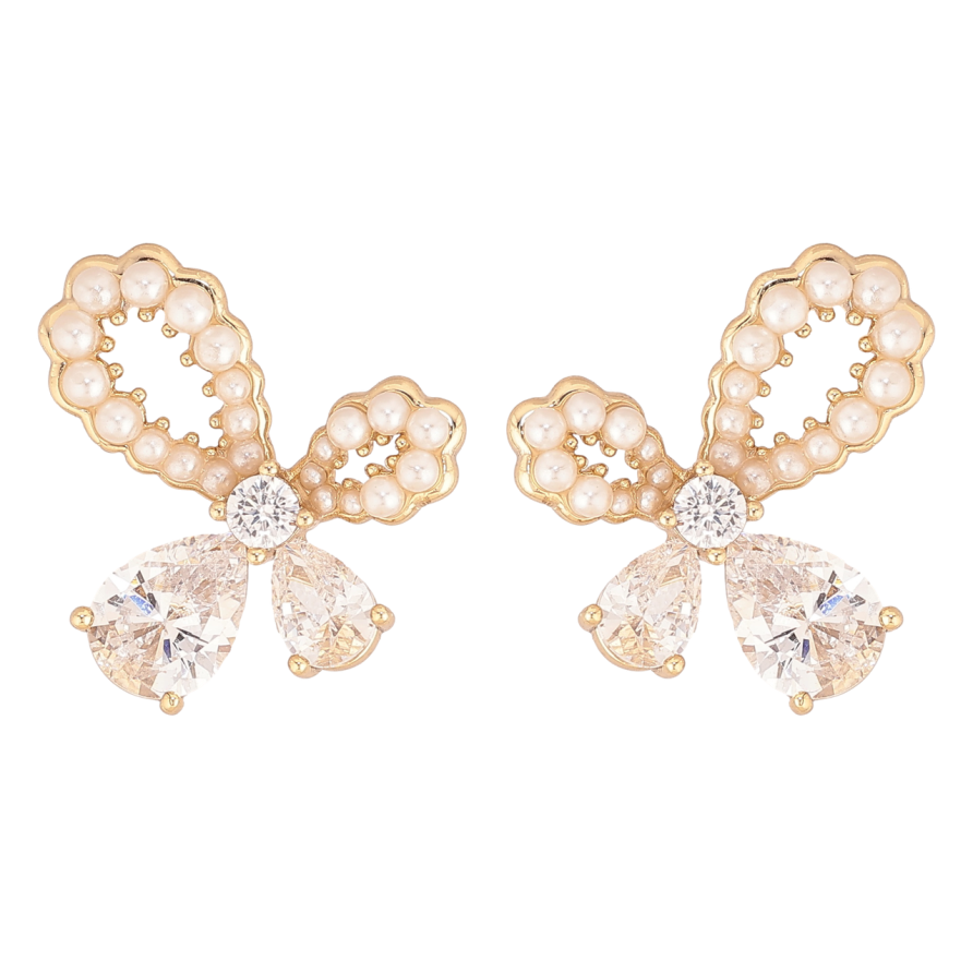 Сережки Xuping колір Позолота 14K пусети Банти з кристалами та перлинами фото №1