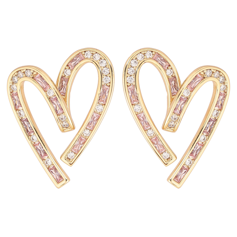 Серьги Xuping цвет Позолота 14K пусеты Сердечки с бело-розовыми кристаллами фото №1