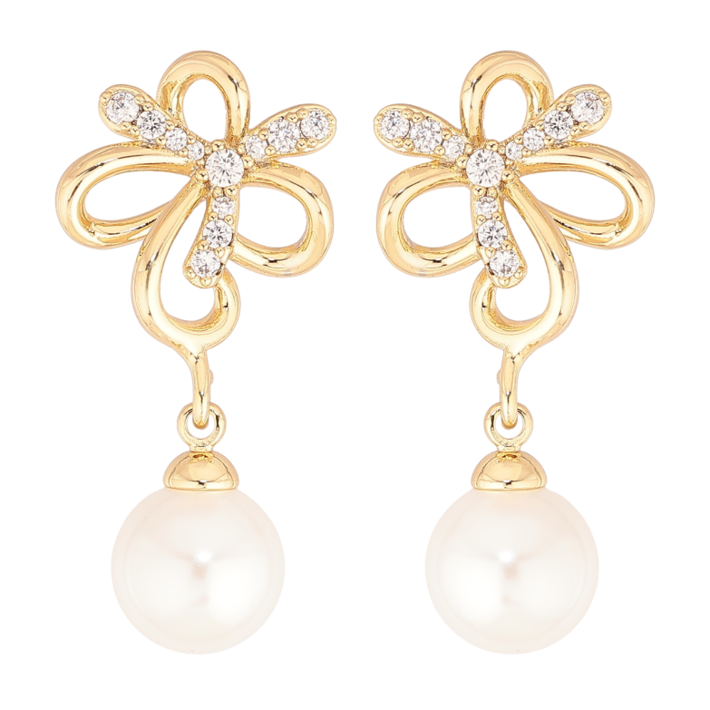 Серьги Xuping цвет Позолота 14K пусеты Цветочки с жемчужными подвесками фото №2