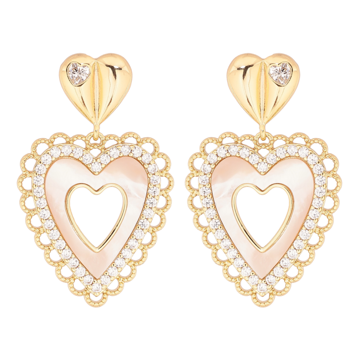 Серьги Xuping цвет Позолота 14K пусеты Сердечки с перламутровыми вставками и кристаллами фото №19