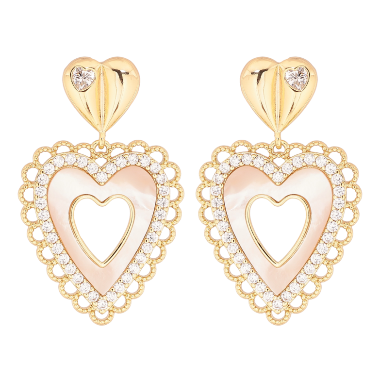 Серьги Xuping цвет Позолота 14K пусеты Сердечки с перламутровыми вставками и кристаллами фото №1 Серьги Xuping цвет Позолота 14K пусеты Сердечки с перламутровыми вставками и кристаллами фото №1