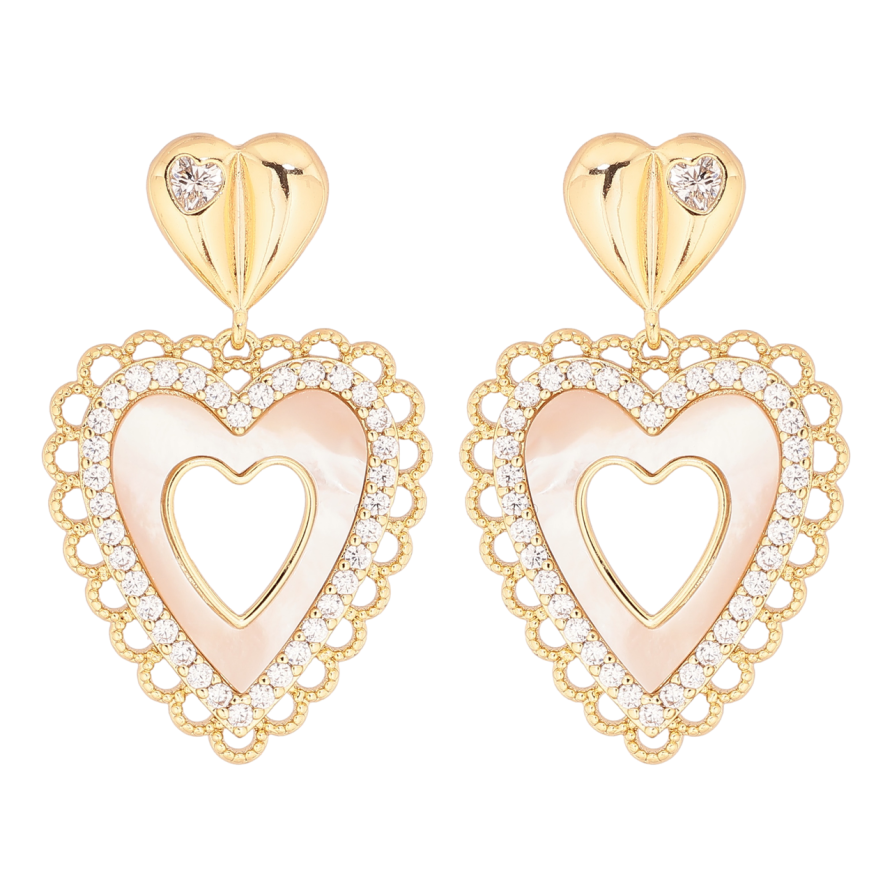 Серьги Xuping цвет Позолота 14K пусеты Сердечки с перламутровыми вставками и кристаллами фото №1 Серьги Xuping цвет Позолота 14K пусеты Сердечки с перламутровыми вставками и кристаллами фото №1