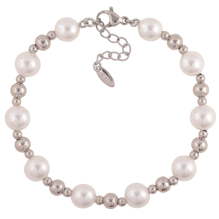 Браслет Xuping Колір Родій Сріблясто-перлинні намистини довжина з додатковим ланцюжком 18-21см х 3-8мм фото №1 Браслет Xuping Колір Родій Сріблясто-перлинні намистини довжина з додатковим ланцюжком 18-21см х 3-8мм фото №1