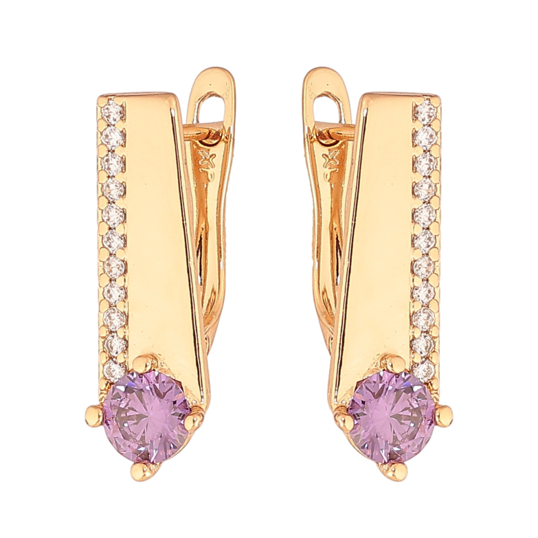 Сережки Xuping Колір Позолота 18K англійський замок Візерунок з бузковим кристалами фото №1