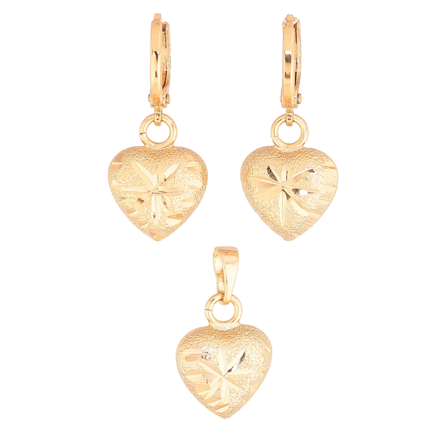 Набор Xuping Цвет Позолота 18K Серьги Кулон Сердечки с шагренью с узором из насечек фото №1 Набор Xuping Цвет Позолота 18K Серьги Кулон Сердечки с шагренью с узором из насечек фото №1