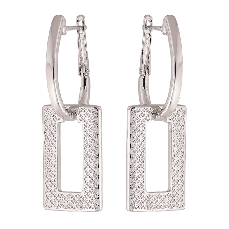 Серьги Xuping цвет Родий английский замок Прямоугольные подвески с узором 2 в 1 фото №2 Серьги Xuping цвет Родий английский замок Прямоугольные подвески с узором 2 в 1 фото №2