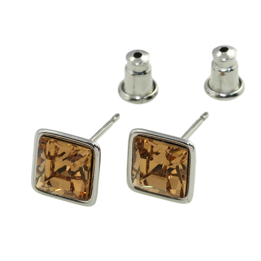 Сережки Xuping колір Родій з кристалами Swarovski пусети Квадратний Коричневий Кристал 6х6 мм фото №1