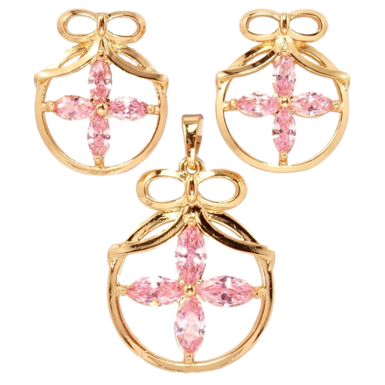 Набор Xuping Позолота 18K Серьги Кулон Розовый Четырехлистник в Круглой Рамке с Бантиком фото №1 Набор Xuping Позолота 18K Серьги Кулон Розовый Четырехлистник в Круглой Рамке с Бантиком фото №1