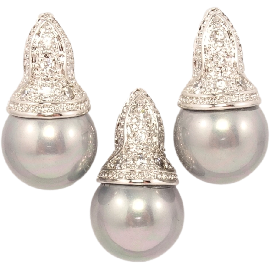 Набор Xuping Родий Серьги Кулон Крупная Серая Жемчужина в Оправе Купол фото №1