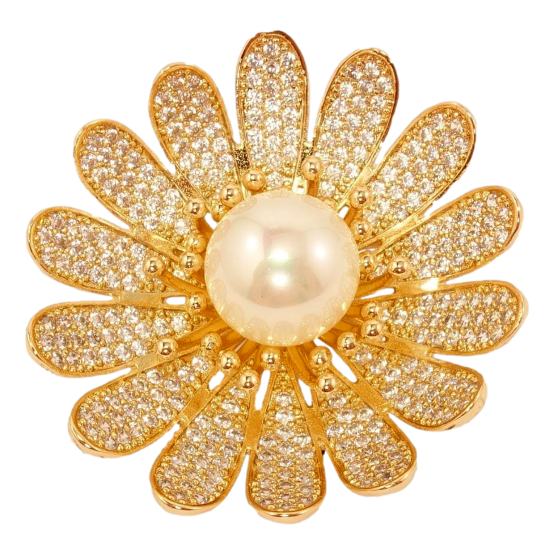 Брошка Xuping Позолота 18K Квітка з інкрустацією цирконієм та перлиною фото №1