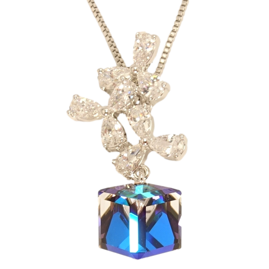 Кулон Xuping колір Родій з кр-ми Swarovski на ланцюжку Квіткова феєрія з кристальним кубом довжина 39-44см фото №1 Кулон Xuping колір Родій з кр-ми Swarovski на ланцюжку Квіткова феєрія з кристальним кубом довжина 39-44см фото №1