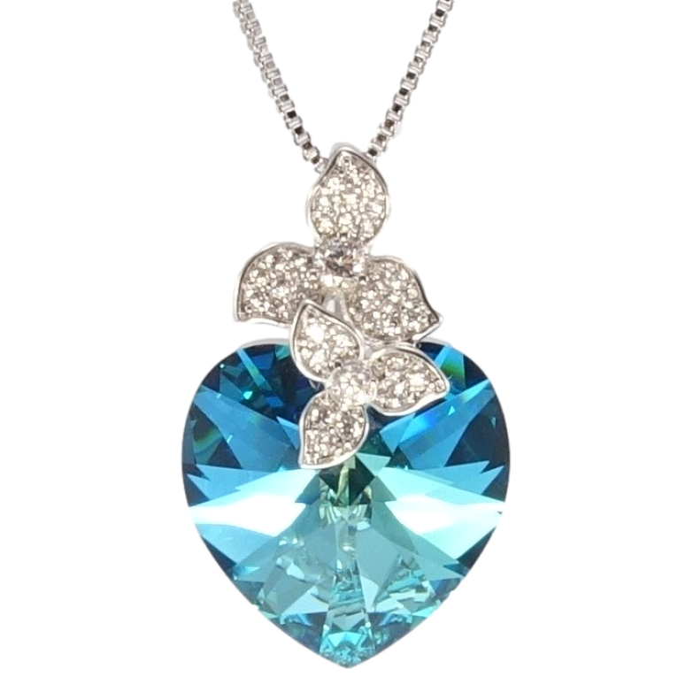 Кулон Xuping цвет Родий с кр-ми Swarovski на цепочке Кристальное сердце Metallic Blue с цветочками длина фото №1