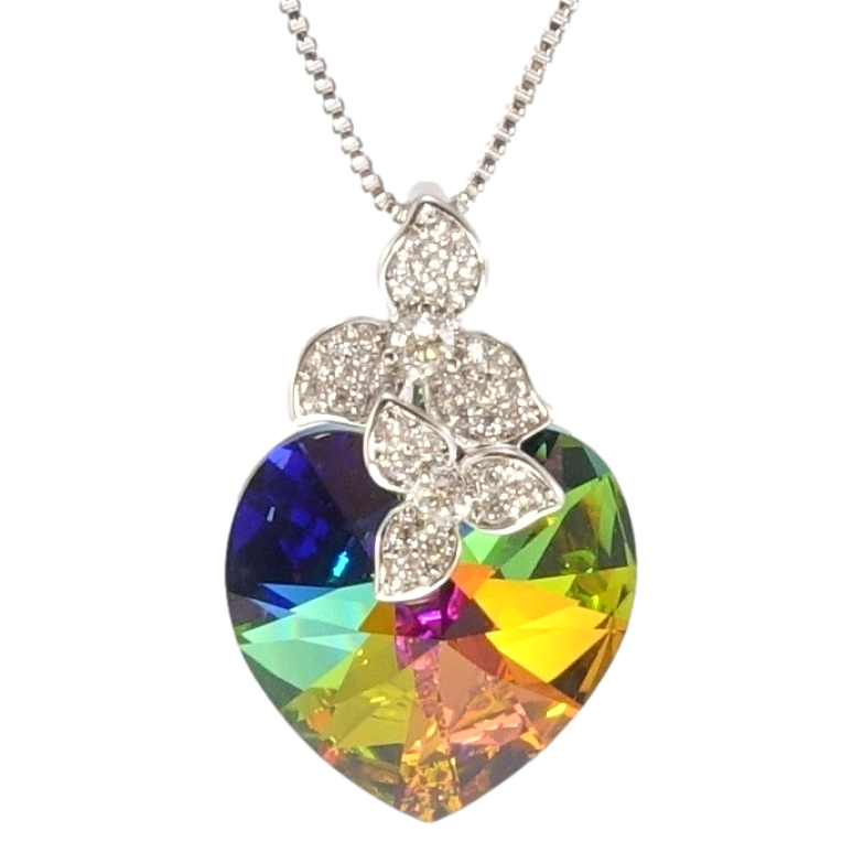 Кулон Xuping колір Родій з кр-ми Swarovski на ланцюжку Кристальне серце Vitrail Medium з квіточками довжина фото №1