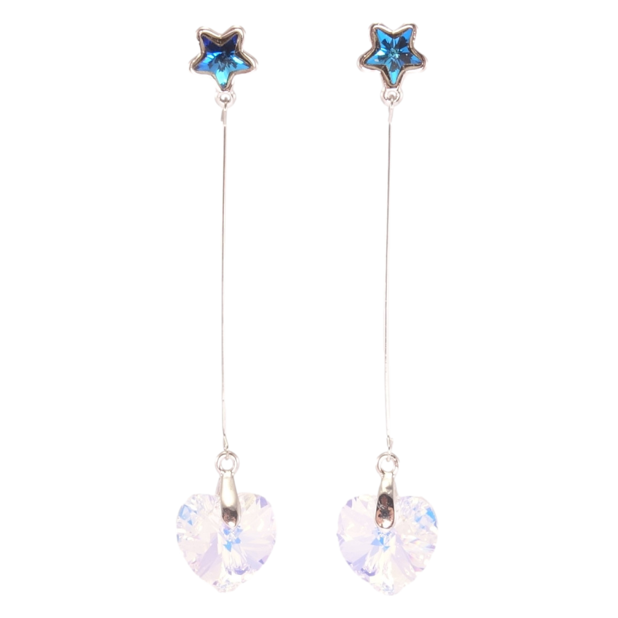 Сережки Xuping колір Родій з кристалами Swarovski пусети Сині зірочки з підвісками кришталеві серця фото №1