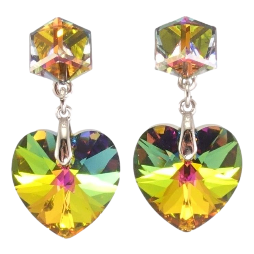 Сережки Xuping колір Родій з кристалами Swarovski пусети Кубики з кр-ми серцями Vitrail Medium фото №1