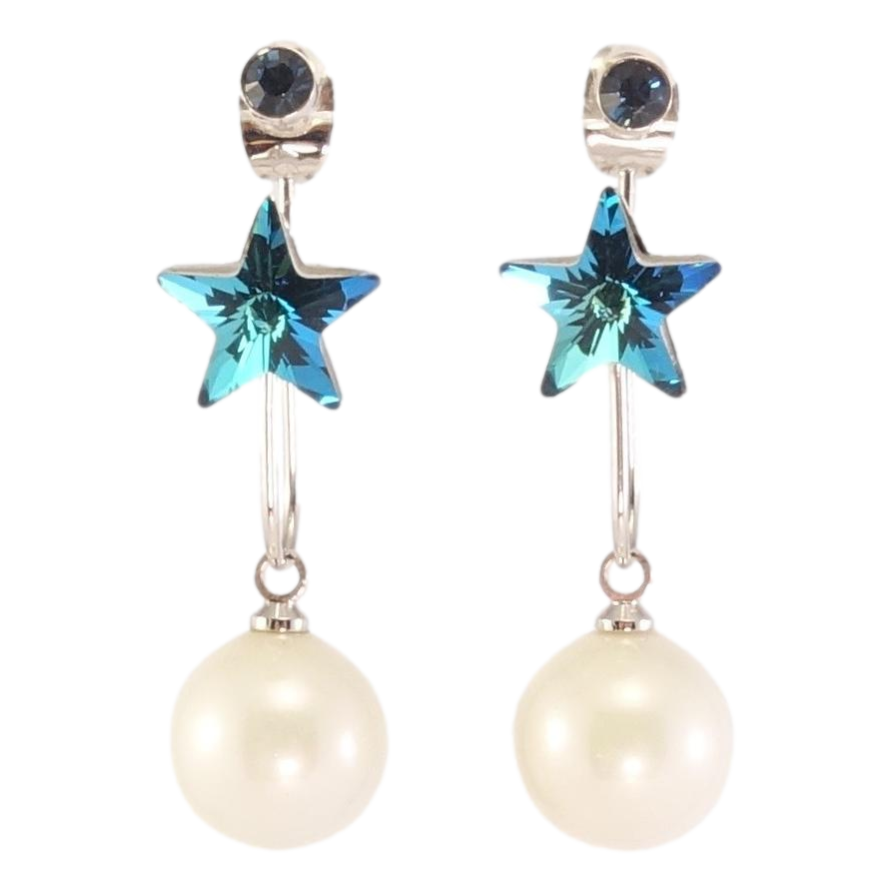 Сережки Xuping колір Родій з кристалами Swarovski пусети-джекети Зірочки Metallic Blue з перлинами фото №1