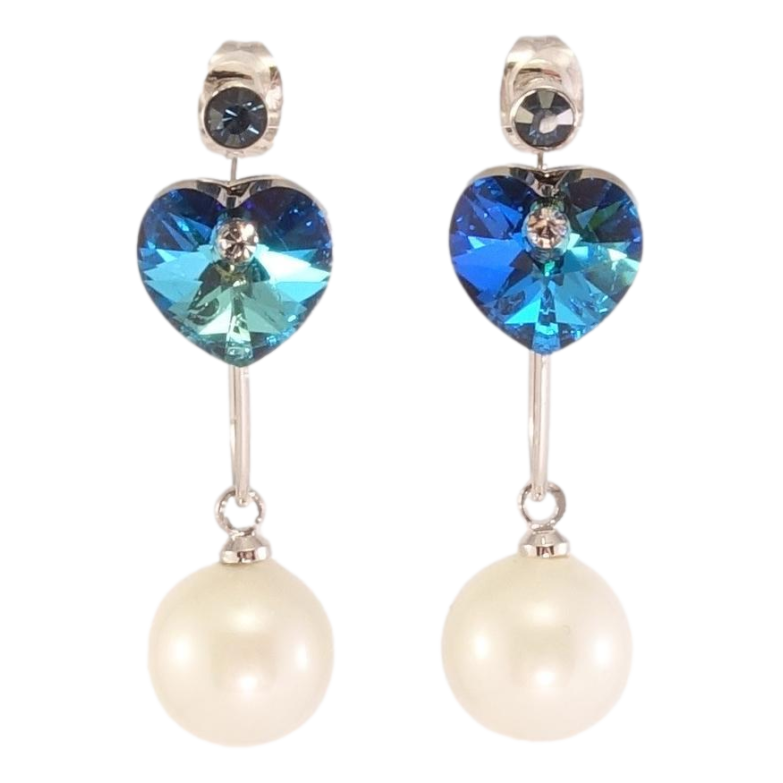 Серьги Xuping цвет Родий с кристаллами Swarovski пусеты- джекеты Сердечки Metallic Blue с жемчужинами фото №1