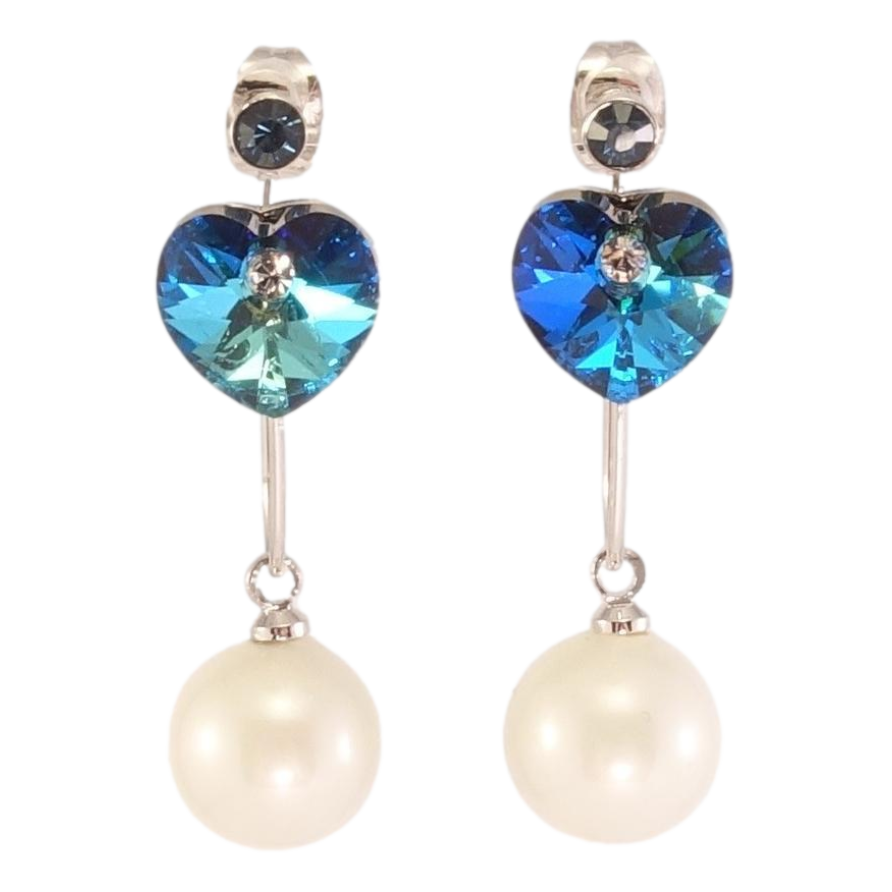 Сережки Xuping колір Родій з кристалами Swarovski пусети-джекети Сердечки Metallic Blue з перлинами фото №1 Сережки Xuping колір Родій з кристалами Swarovski пусети-джекети Сердечки Metallic Blue з перлинами фото №1