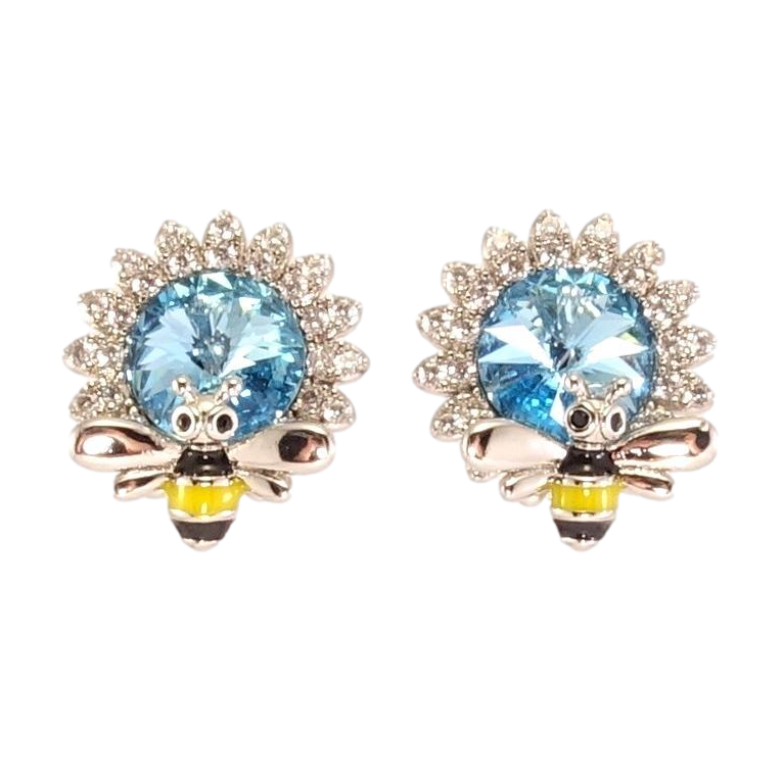 Сережки Xuping колір Родій з кристалами Swarovski пусети Квіточки з кристалом Aquamarine та бджолою фото №1