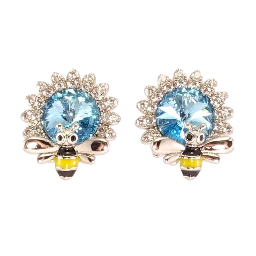 Сережки Xuping колір Родій з кристалами Swarovski пусети Квіточки з кристалом Aquamarine та бджолою фото №1