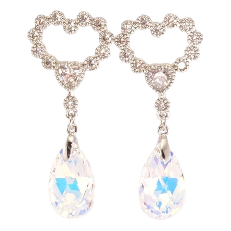 Серьги Xuping цвет Родий с кристаллами Swarovski пусеты Сердечки с подвеской кристалл Shimmer фото №1