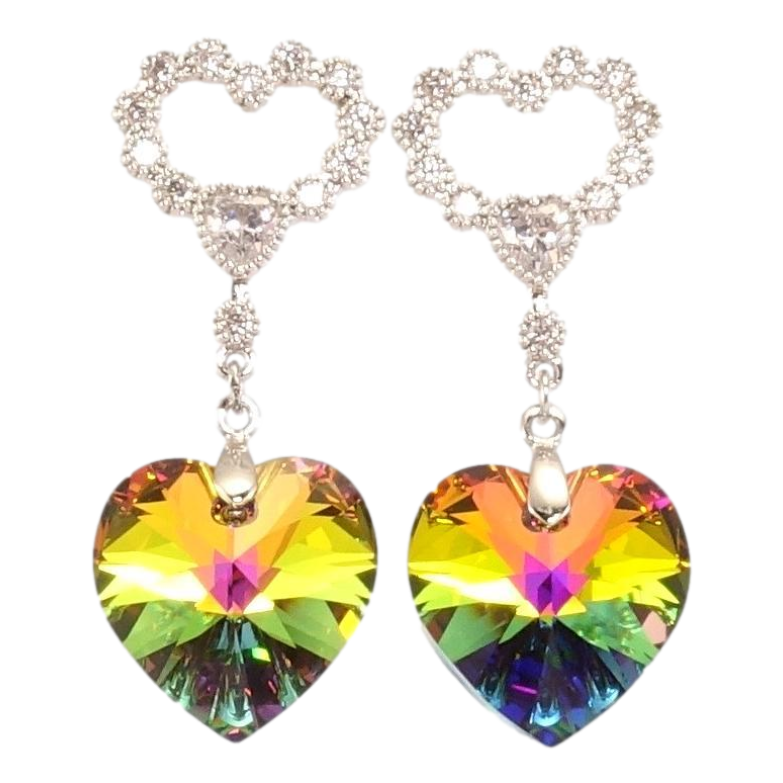 Серьги Xuping цвет Родий с кристаллами Swarovski пусеты Сердечки с подвеской кристалл Vitrail Medium фото №2