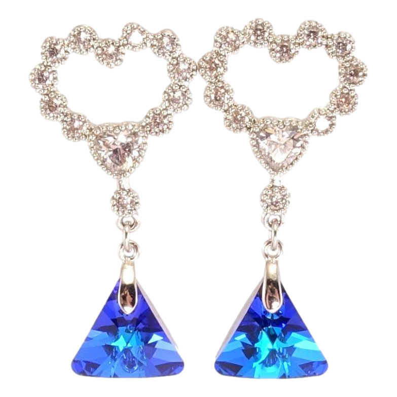 Серьги Xuping цвет Родий с кристаллами Swarovski пусеты Сердечки с подвеской кристалл Capri Blue фото №1